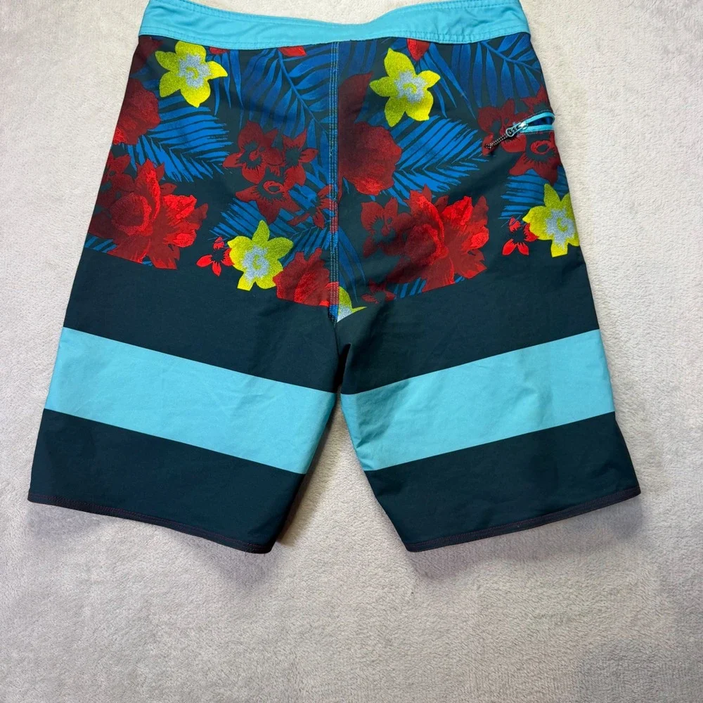 Burnside Mens Tropical Floral Striped Board Shorts Teal Blue Red Size 30 Surf